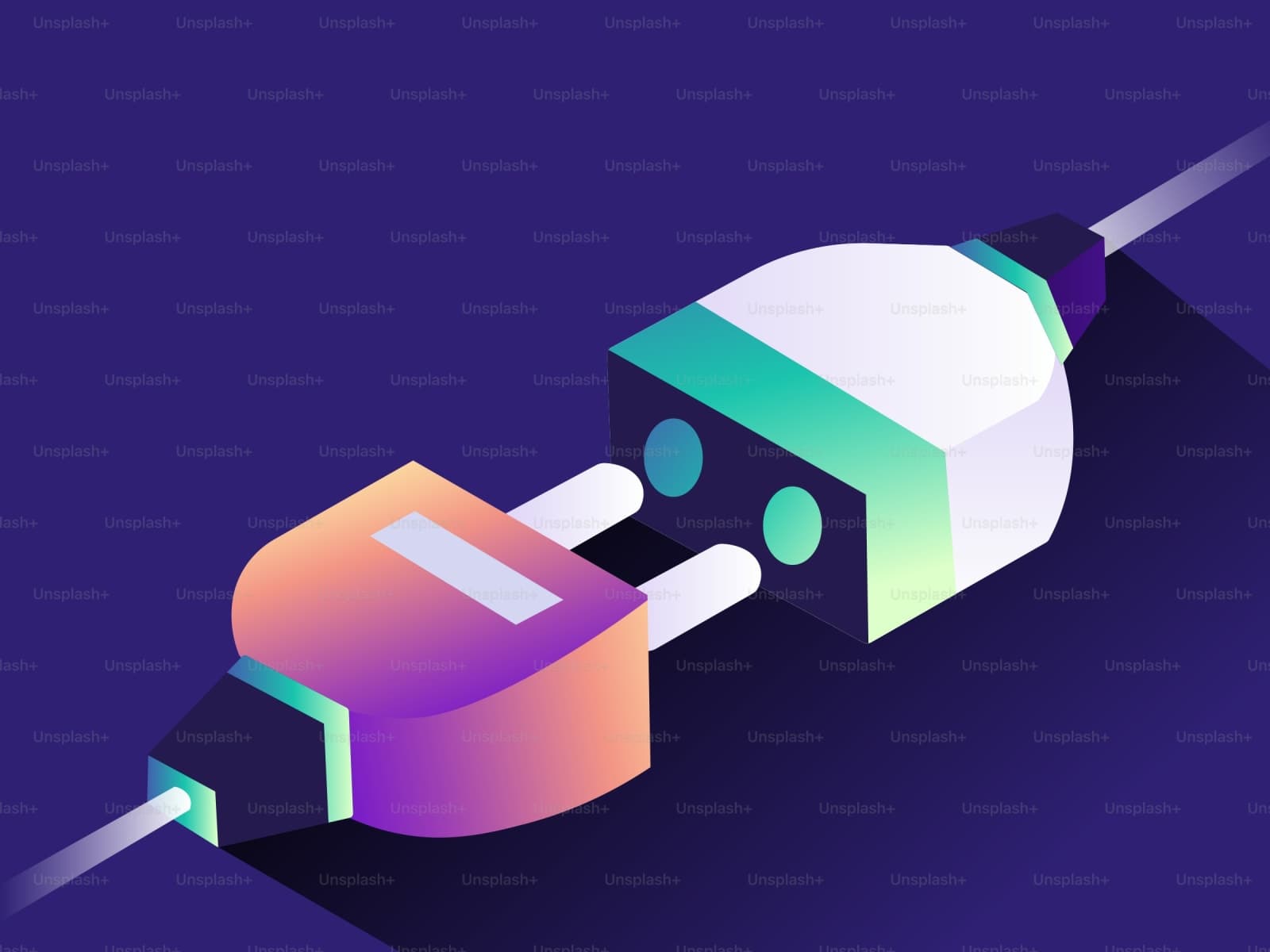 Isometric illustration of two plugs connecting, representing partnership and integration